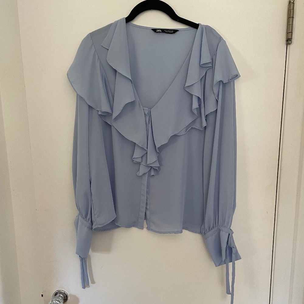 Soft blue silky ruffle blouse by Zara